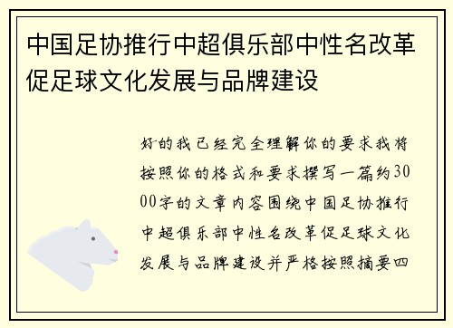 中国足协推行中超俱乐部中性名改革促足球文化发展与品牌建设